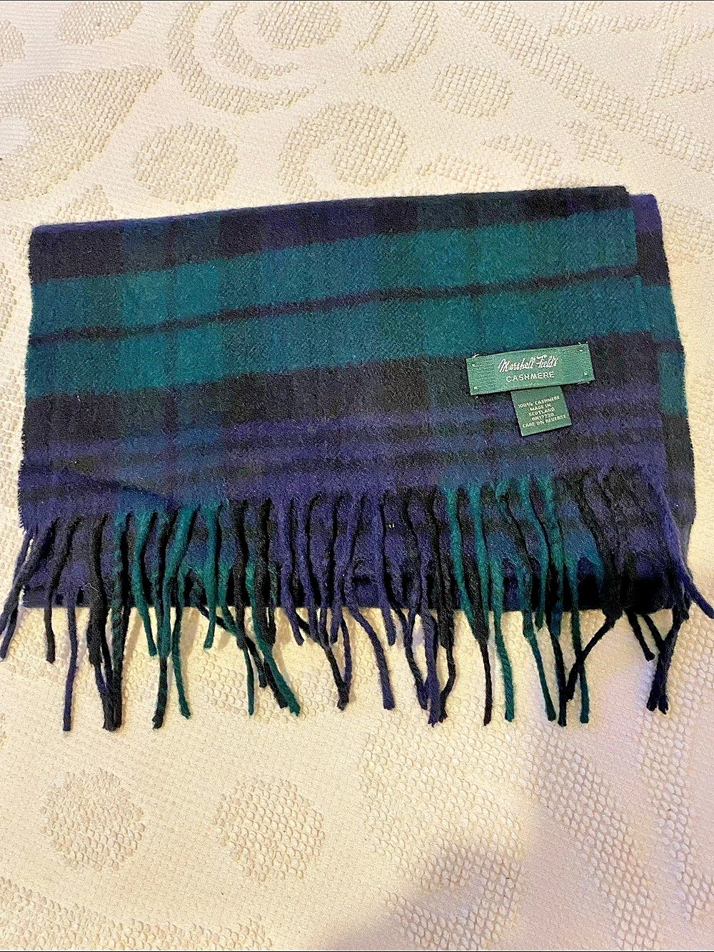Marshall Field's Tartan Plaid Cashmere Scarf Green & Navy
